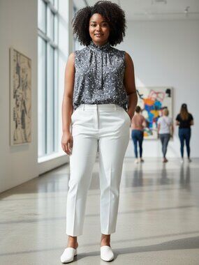 Ann Taylor Floral Print Ruffle High Neck Sleeveless Blouse - Gray Print (Large)